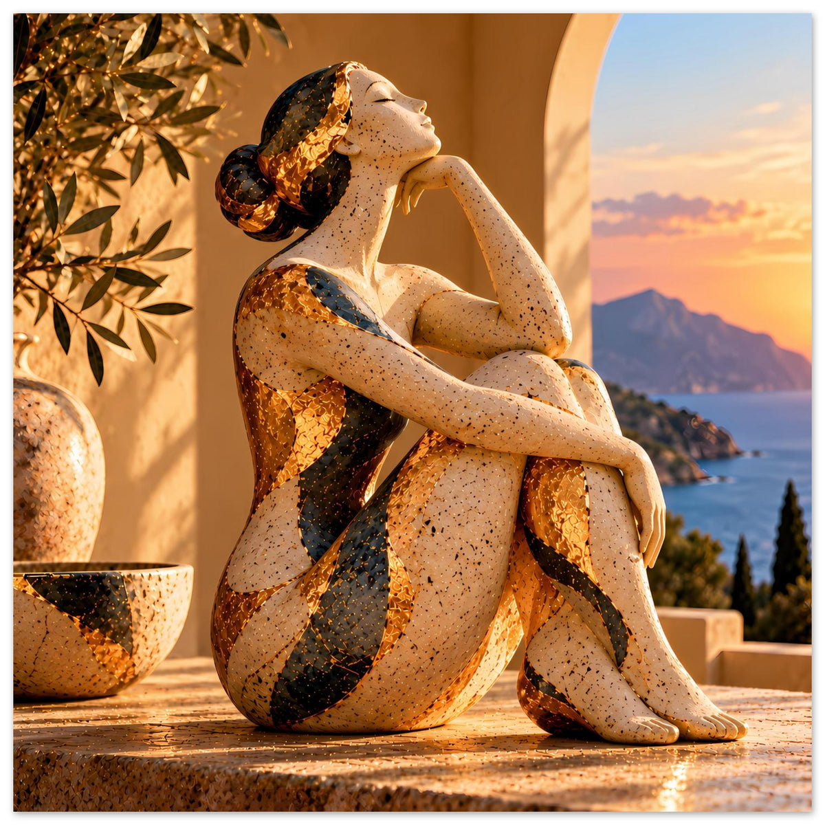 Poster mit sitzender Frauenskulptur vor Pflanzenzweigen, braune Goldtöne am Meer