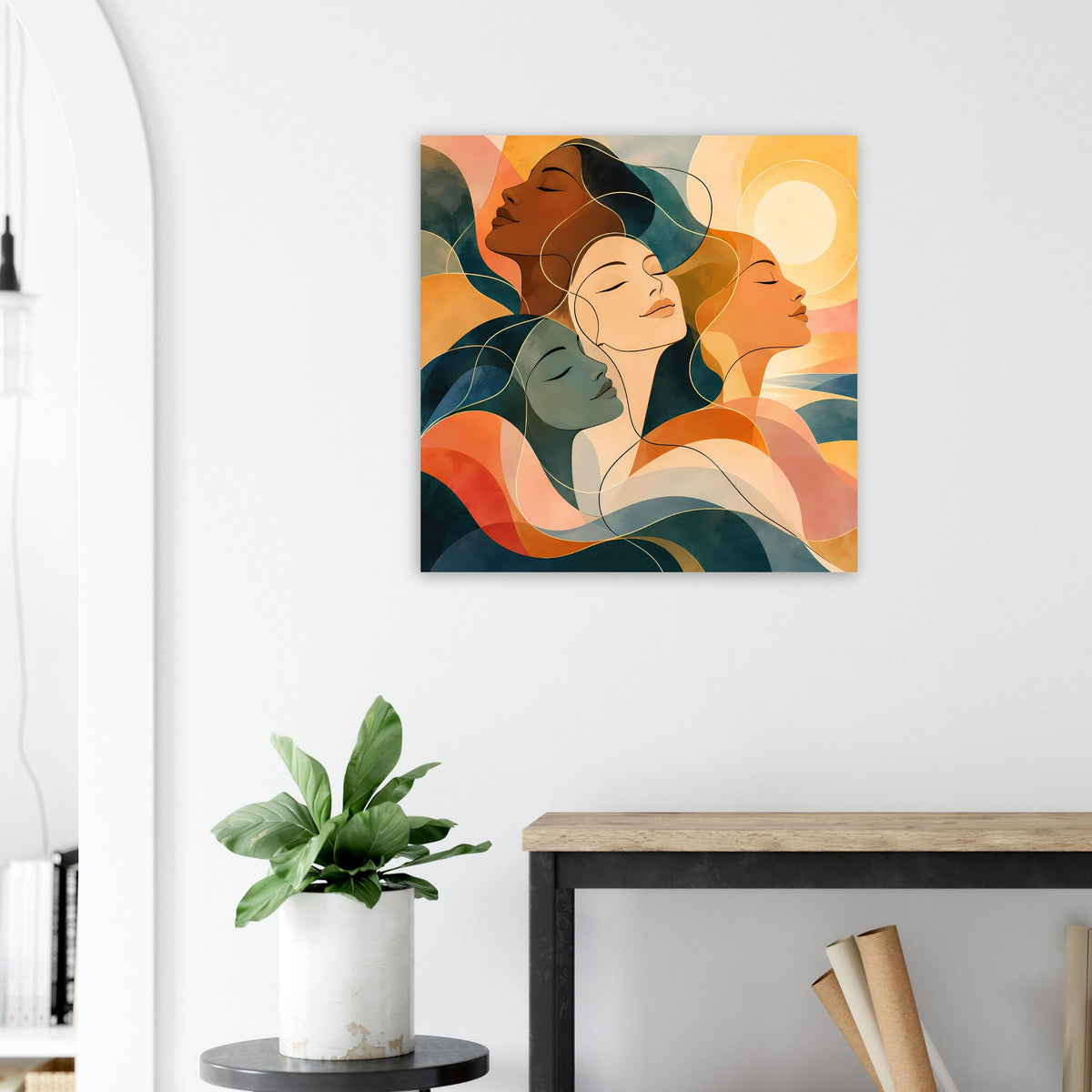 Abstraktes Kunstposter an der Wand mit vier Porträts in Erdtönen und Blau, quadratisch