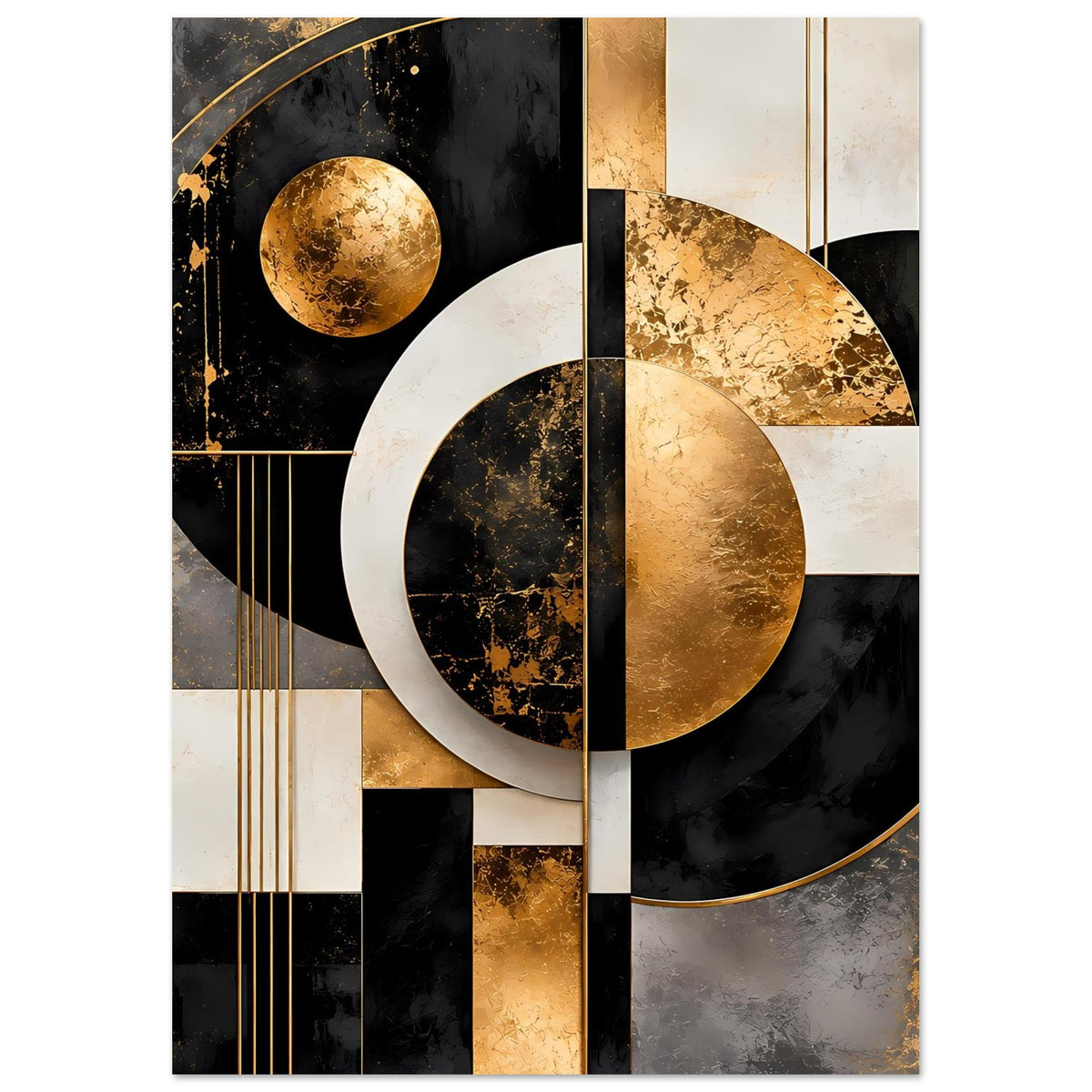 Poster mit abstrakter Geometrie: goldener Kreis, schwarze Segmente, cremefarbene Flächen.