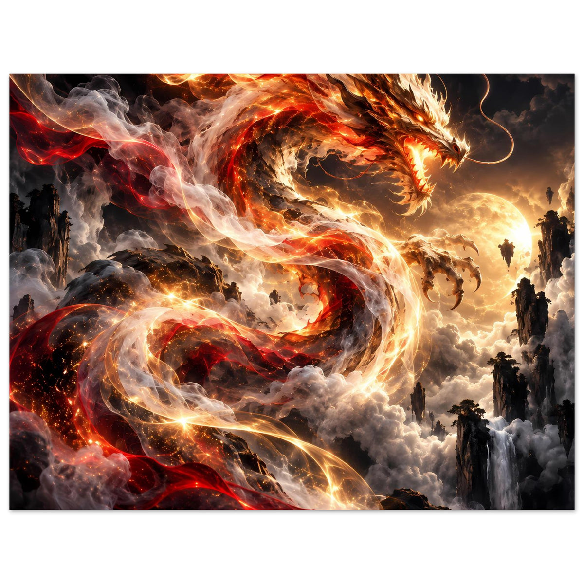 Fantasy-Poster mit Feuerdrache in Rot und Gold, Kopf und Flammenring, Rauch über den Wolken