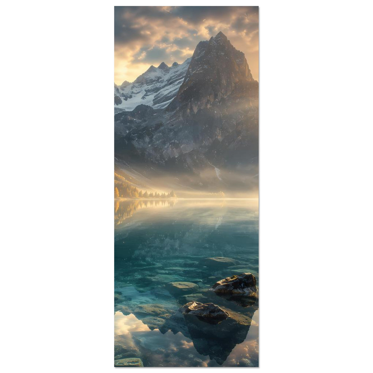 Vertikales Poster mit Bergsee, Felsen im unteren Bereich und warmem Sonnenlicht am Himmel