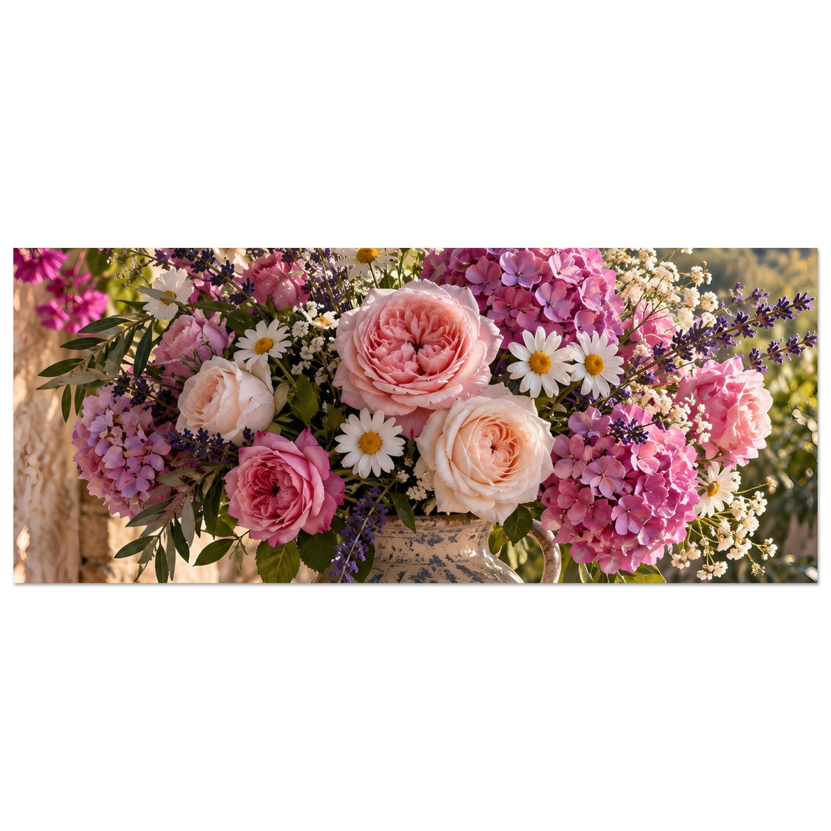 Blumenposter (quer): zentraler Strauß aus rosa, lila und weißen Blüten in Vase