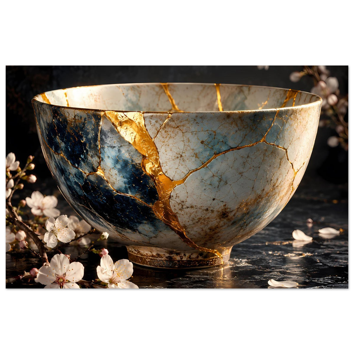 Poster mit Kintsugi-Schale, blau-goldener Rissoptik und weißen Blüten