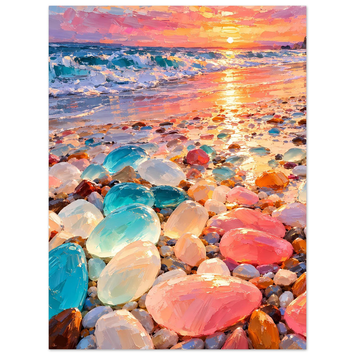 Wandposter mit Sonnenuntergang und vielen bunten Strandsteinen, vertikale Darstellung