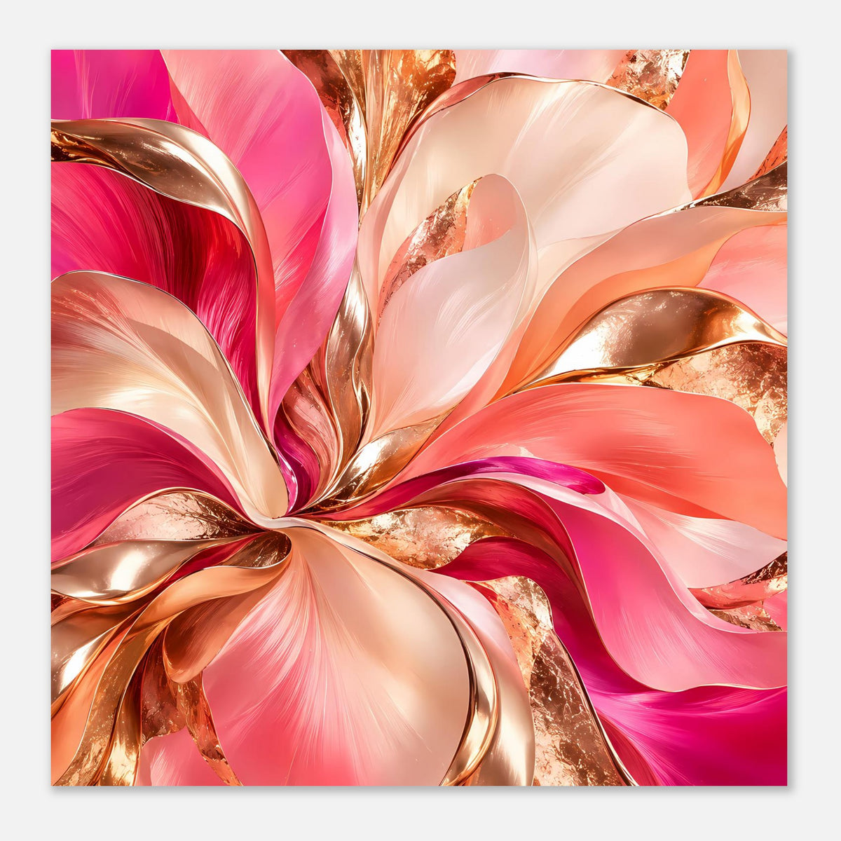 Abstraktes Blumenposter im Quadratformat: rosa, pink und goldfarbene florale Wirbel, gerahmt.