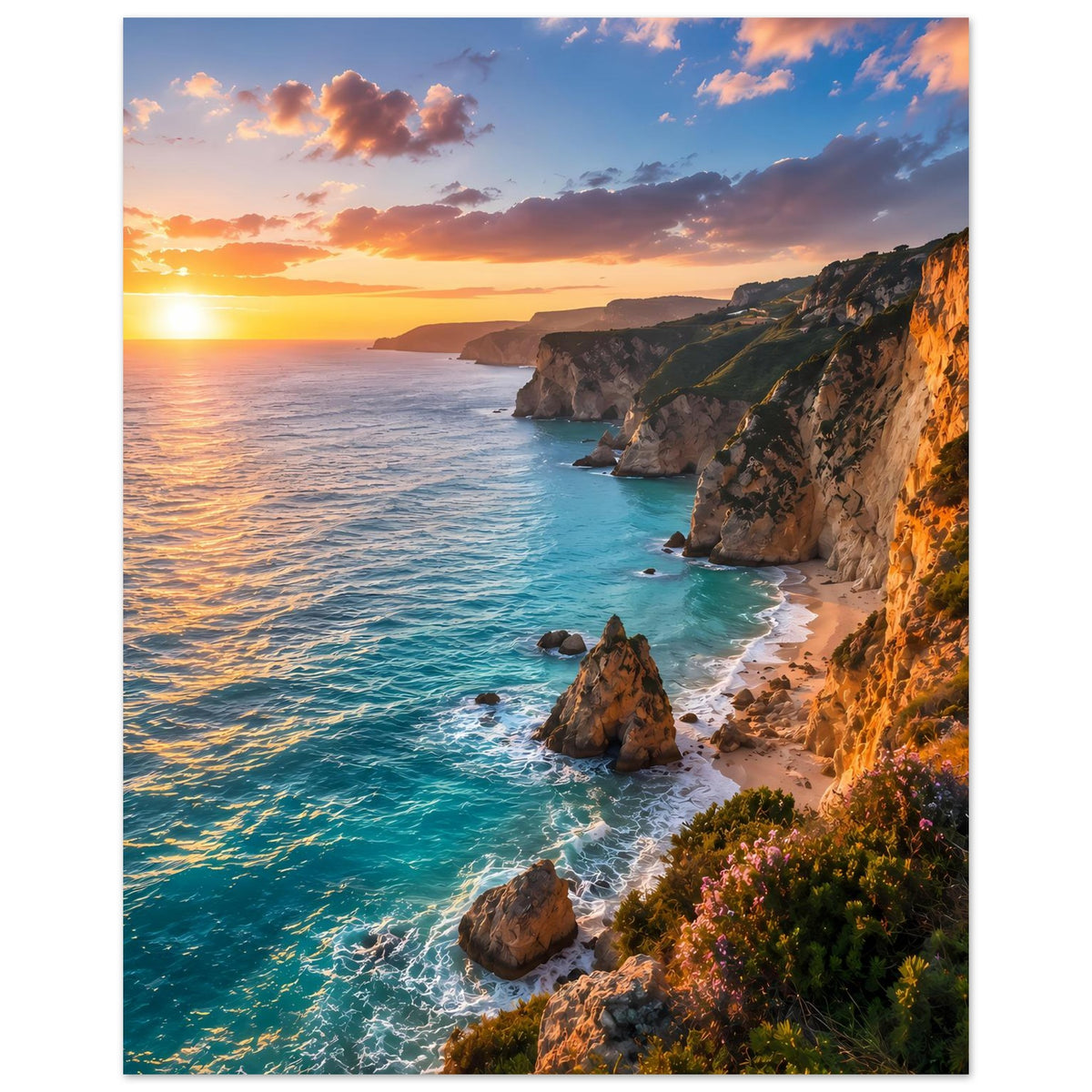 Hochformat-Seeposter mit Sonnenuntergang, türkisblauem Meer, Klippenküste und Felsblöcken