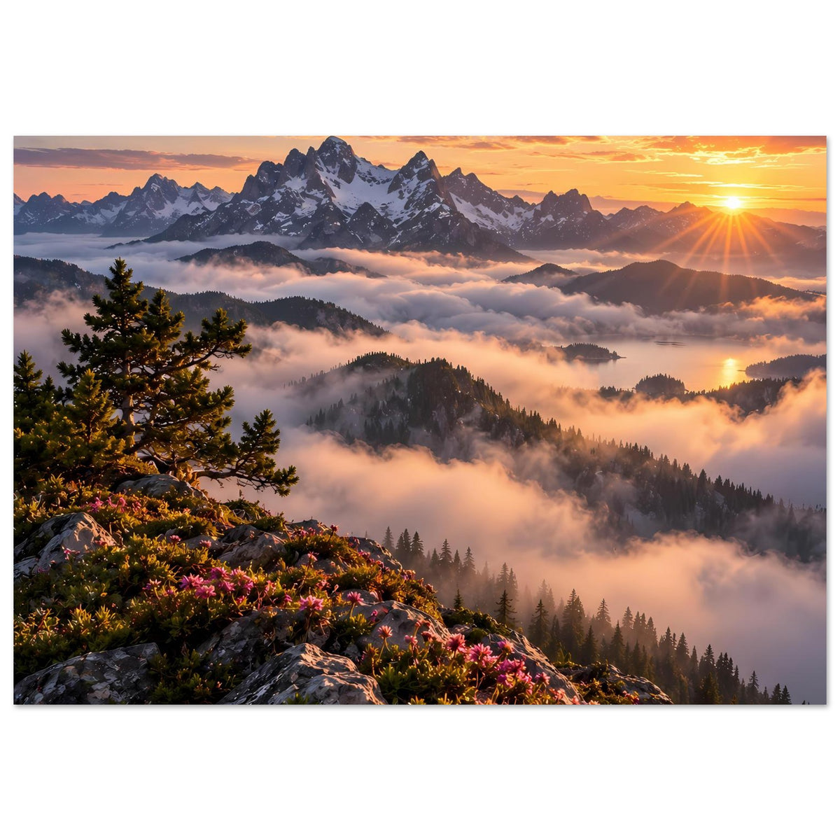 Horizontales Wandposter mit Sonnenaufgangslicht, Bergkette, Wolkenmeer und Felsen