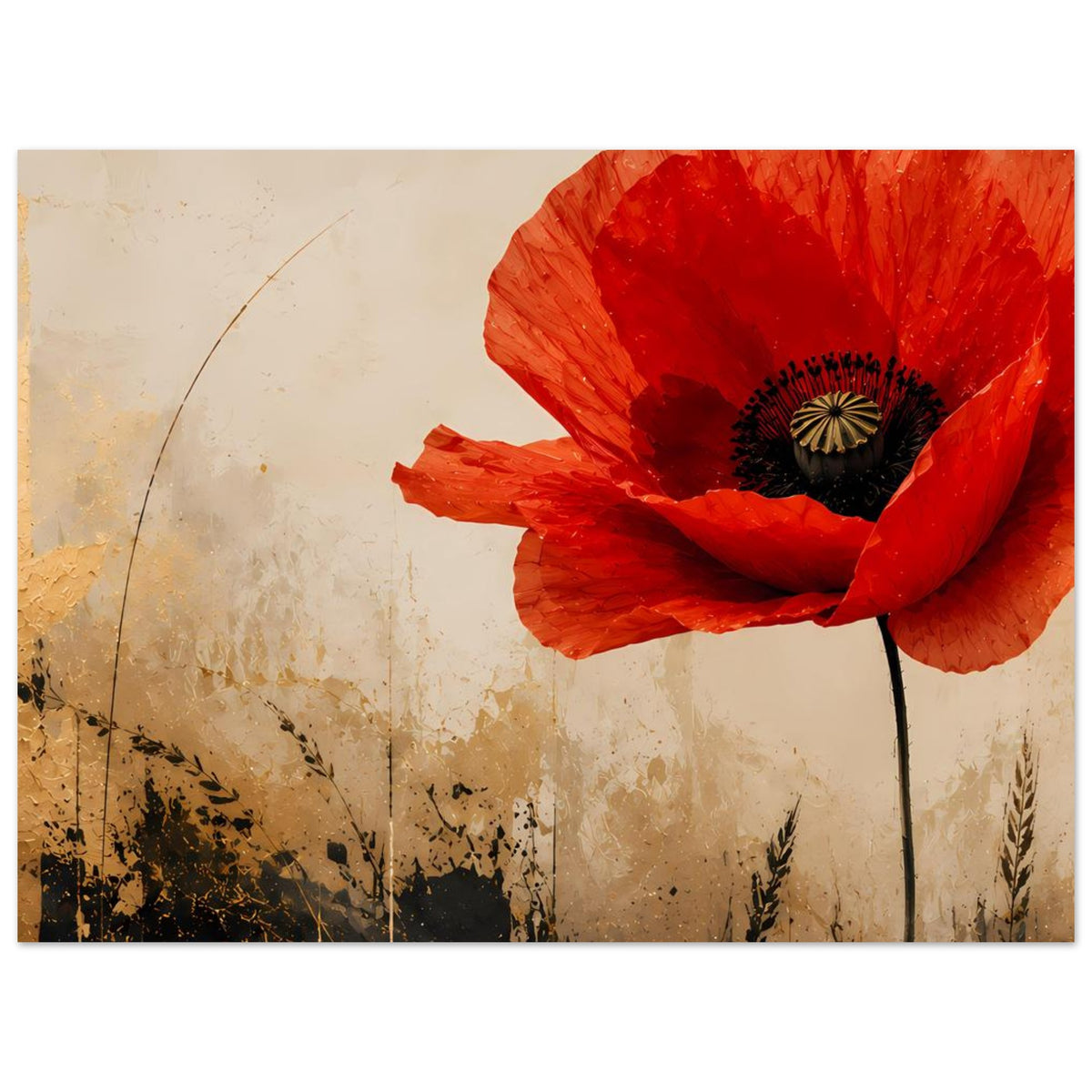 Horizontales Poster mit leuchtend roter Mohnblume und schwarzem Blütenkern