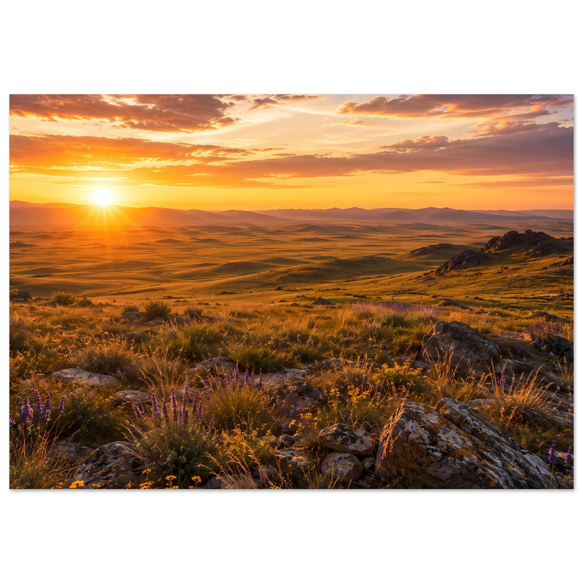 Naturposter mit Sonnenuntergang über Landschaft, horizontale Ansicht, Sonne links, Felsbrocken und Blumen