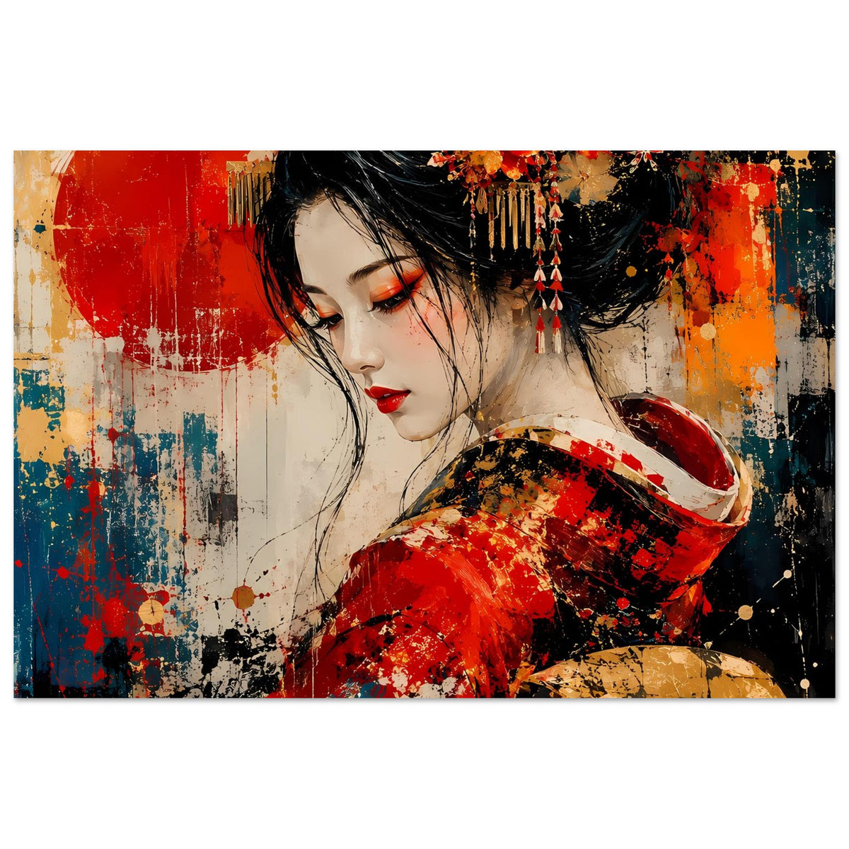 Poster mit Geisha im roten Kimono, goldene Akzente, schwarzes Haar, rote Lippen