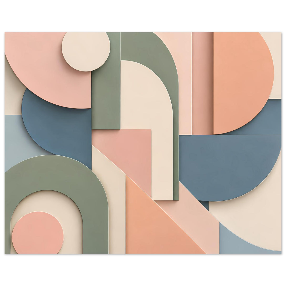 Abstraktes Kunstposter, geometrische Bögen und Rechtecke in Pastell-Tönen: Terrakotta, Salbei, Blau