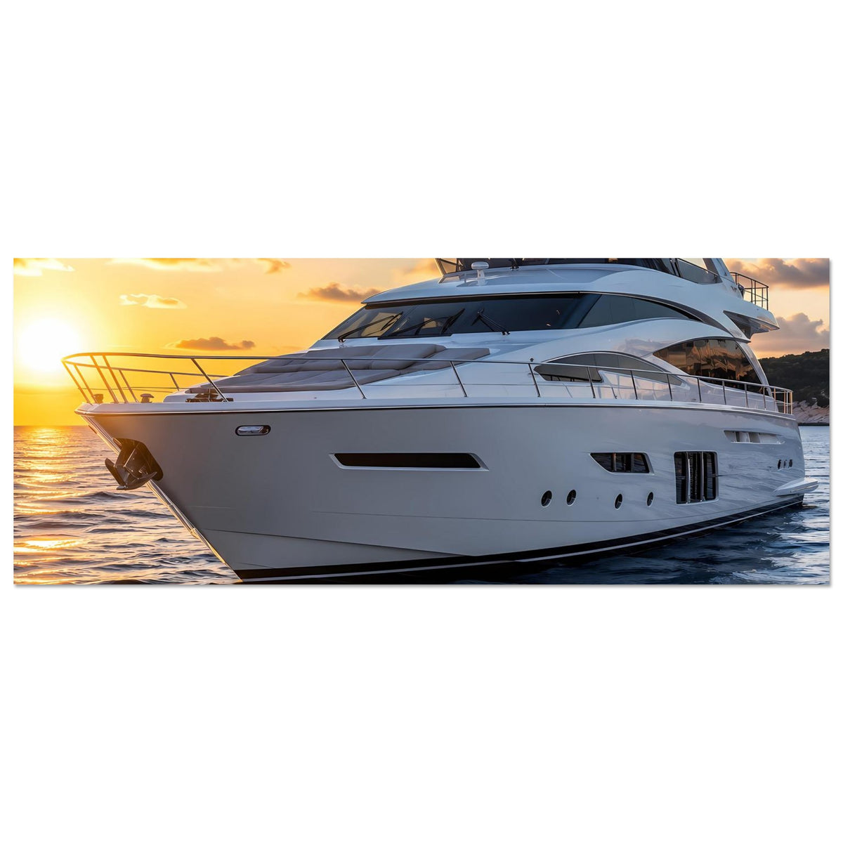 Querformat-Poster mit weißer Yacht im Sonnenuntergang, großes Motiv mit Bug und Deck