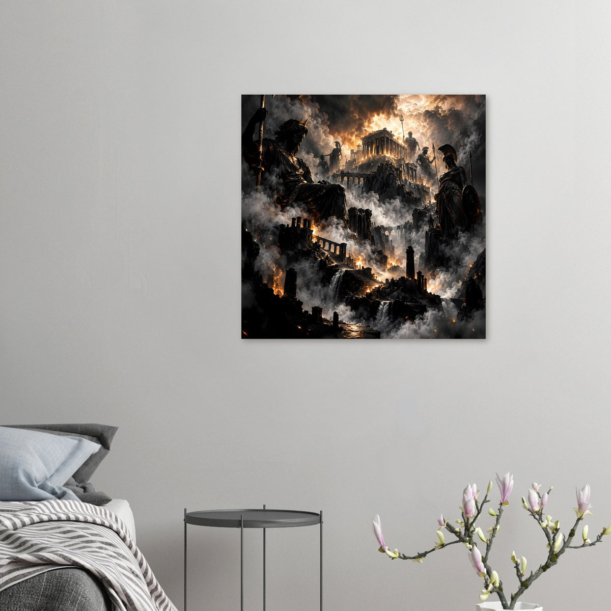 Kleines horizontales Poster mit Fantasy-Festung, Flammen und Rauchwolken
