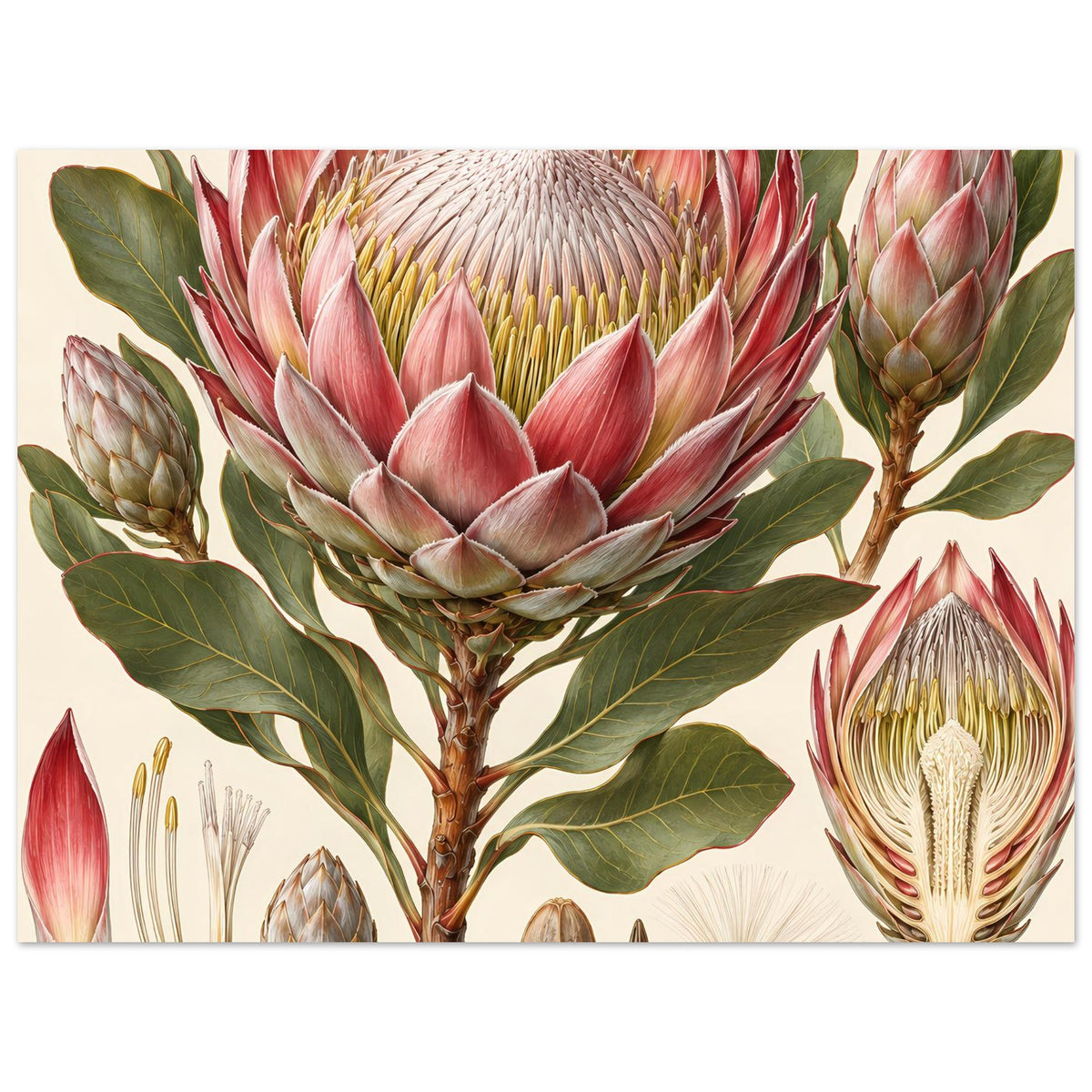 Botanisches Protea-Blumenposter auf matter Papierfläche, Nahansicht der Protea-Blüte