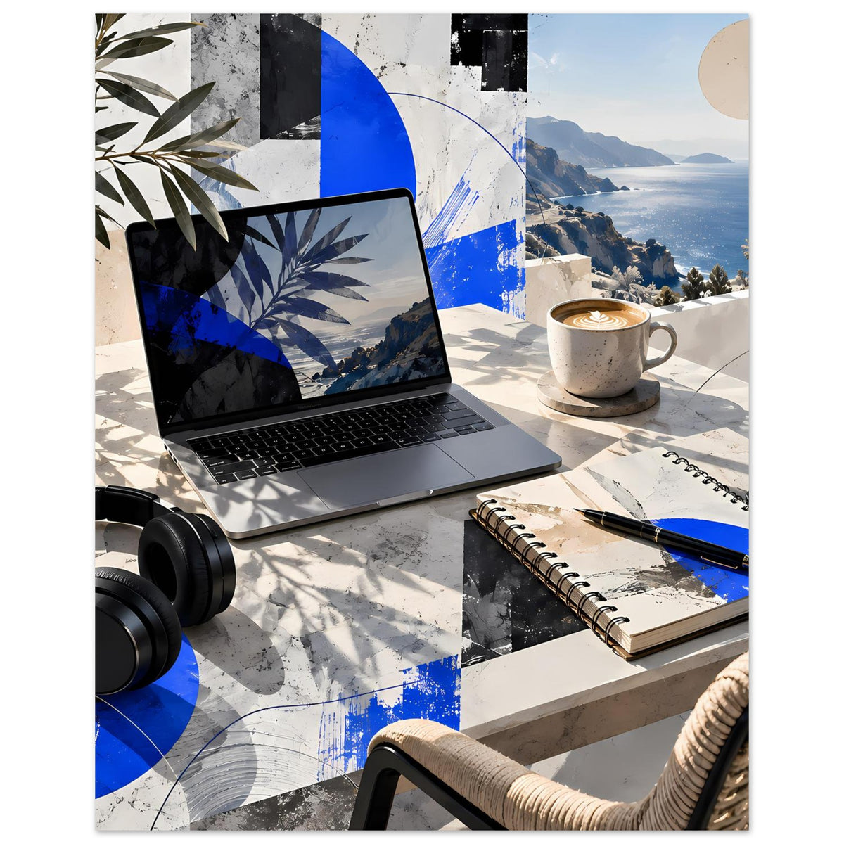 Poster mit Küstenabstraktion: Laptop, Kaffeetasse, Notizblock, Kopfhörer und blaues geometrisches Design