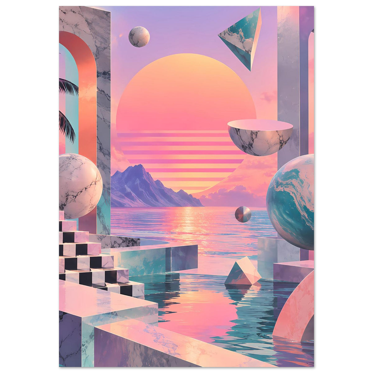 Landschafts-Poster mit großer Sonne, Bergkanten, Planeten im Vordergrund und gestreiften Horizontlinien