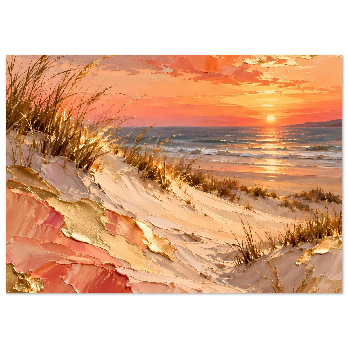 Vertikales Meerposter mit goldenen Lichtreflexen, Sanddünen und gebogenem Strandgras