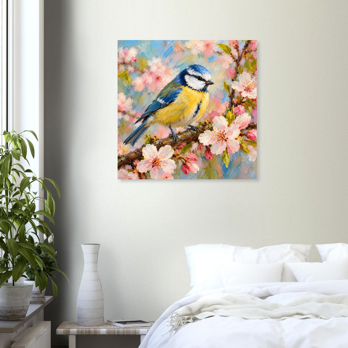 Quadratisches Vogel-Poster mit blau-gelbem Vogel auf rosa Blüten, stilisiertes Aquarell