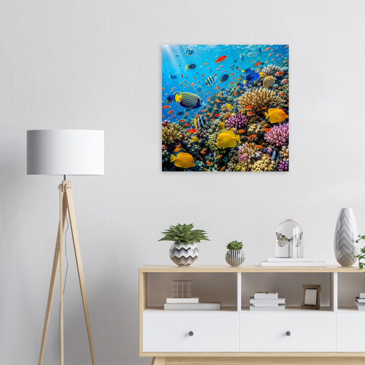 Korallenriff-Poster mit bunten tropischen Fischen, schwarzer Rahmen, quadratisch