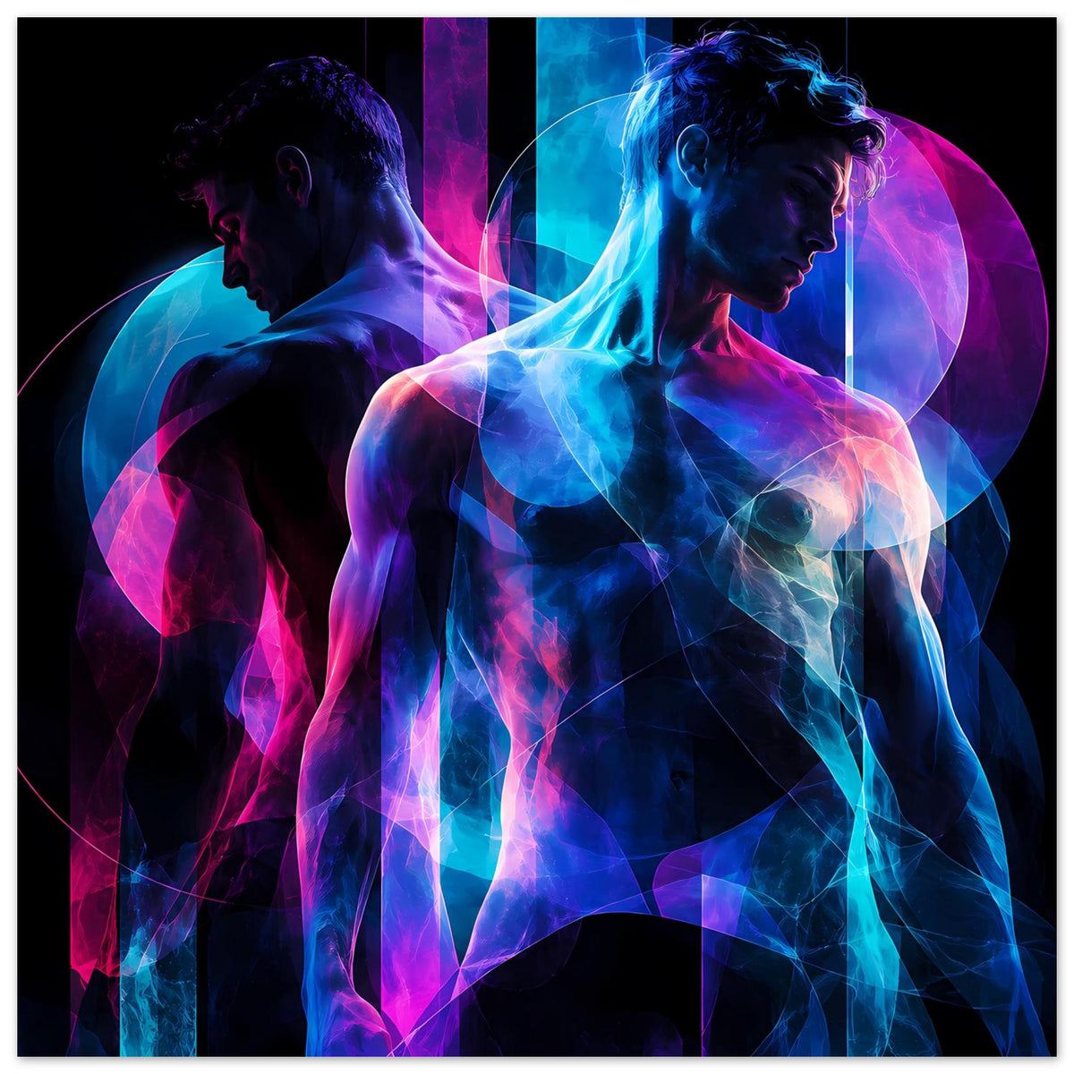 Neon-Kunstposter (Querformat) mit zwei Profilen in Blau und Pink, kreisförmige Neonformen