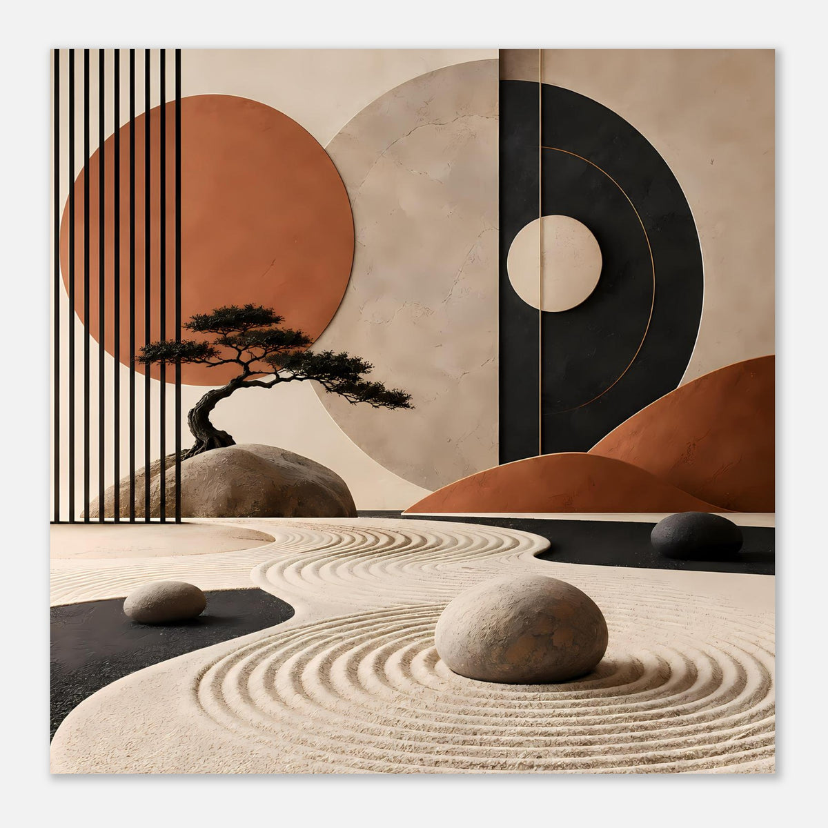 Abstraktes Zen-Poster mit Sandwirbeln, Baum und Kreisflächen in warmen Erdtönen