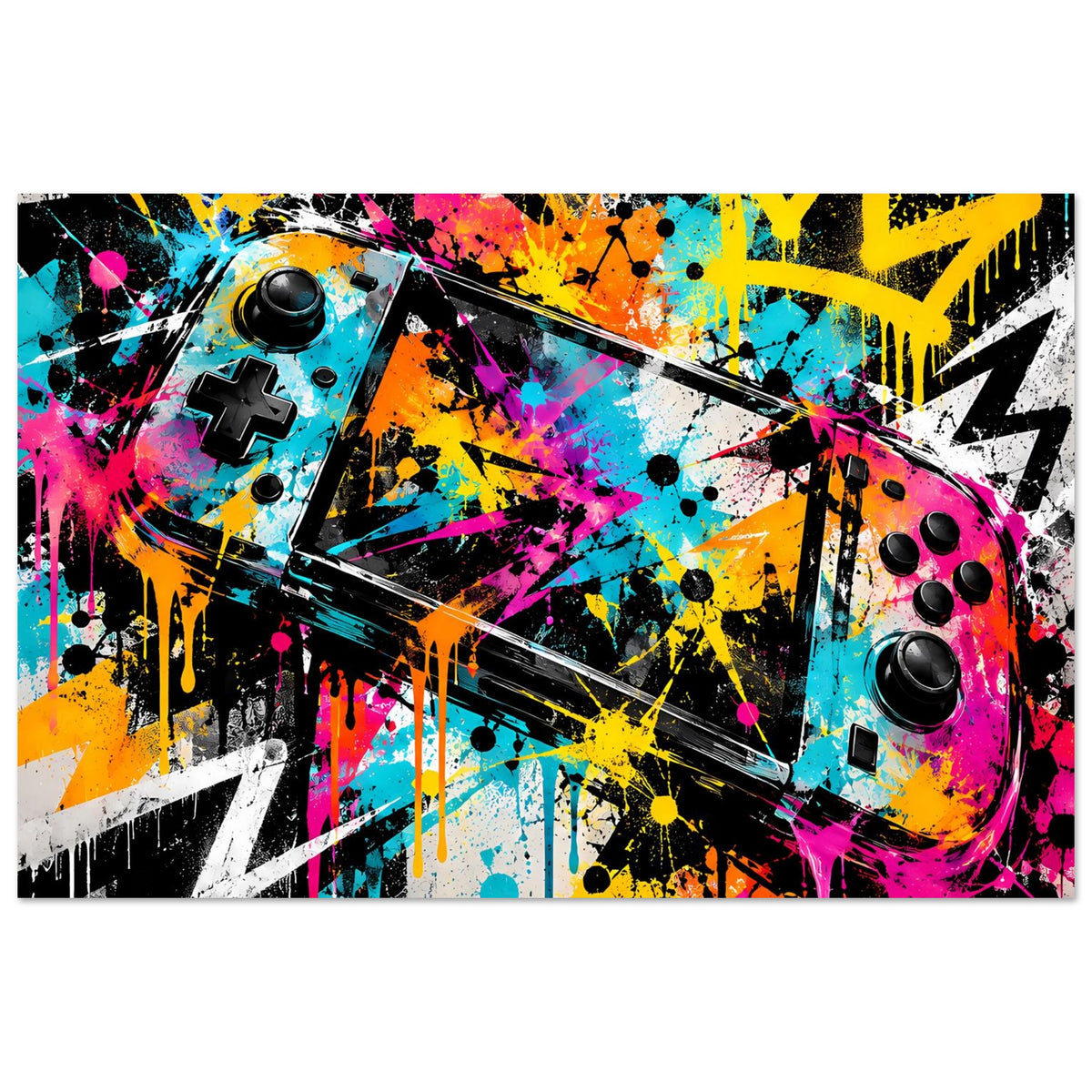 Graffiti-Gaming-Poster, horizontales Format mit Controller-Silhouette, Neonfarben und Spritzfarben
