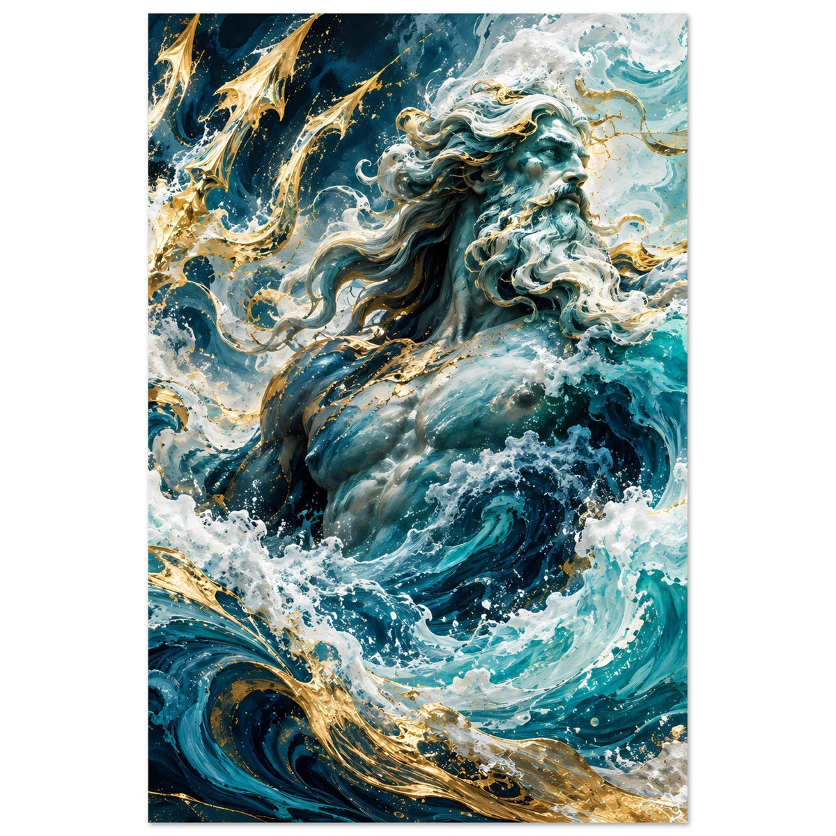 Hochformatposter: Meeresgott in Türkis und Gold über weißen Wellen.