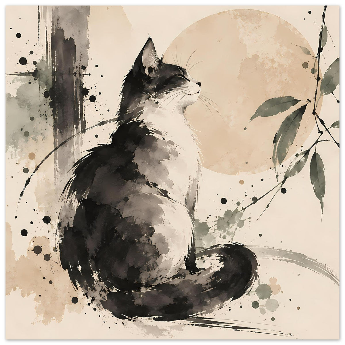 Poster mit sitzender Katze im Aquarellstil, schwarze Katze und grüne Blätter, horizontal