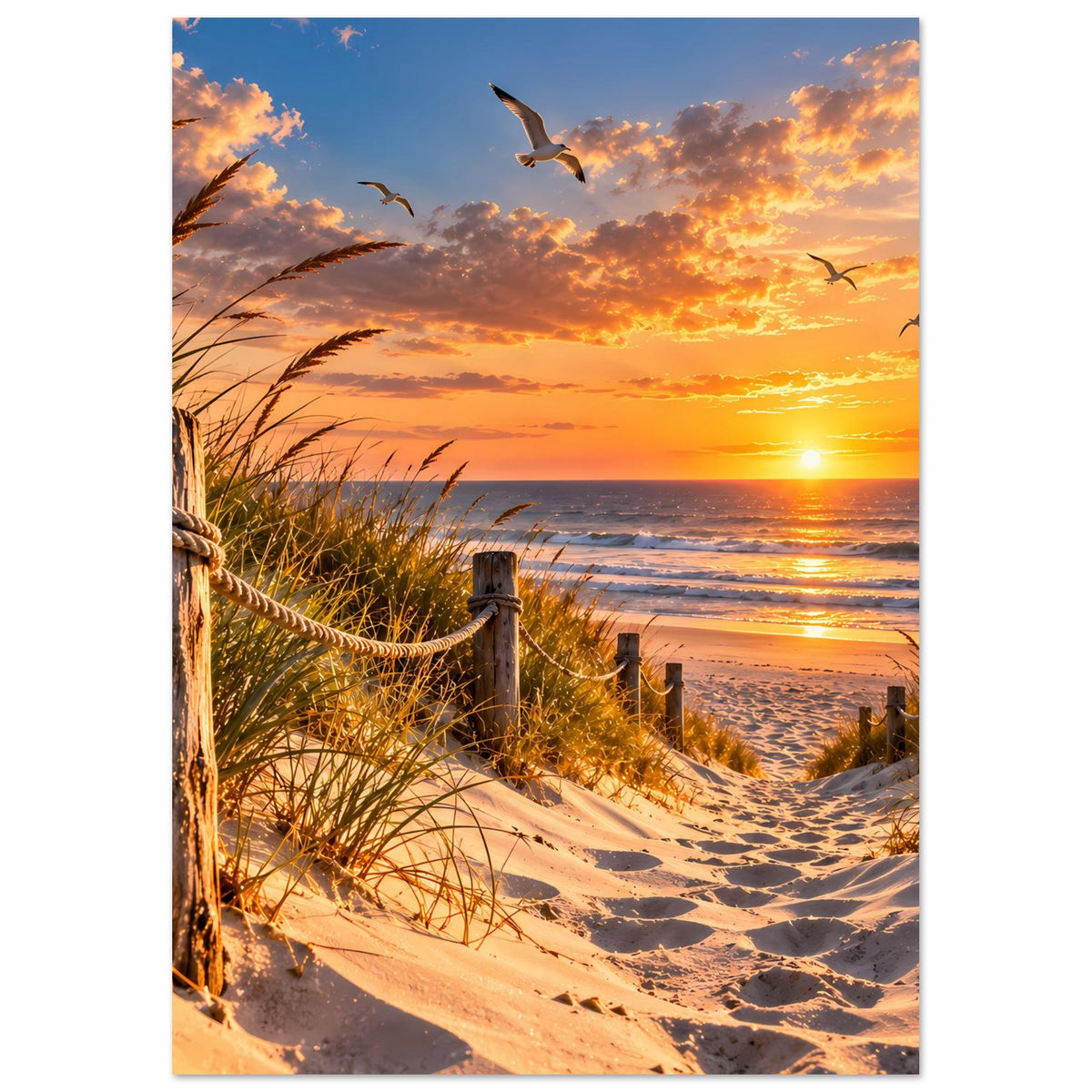 Vertikales Poster: Sonnenuntergang über dem Meer, Sandstrand, Grasbüschel, Holzpfähle, Möwen