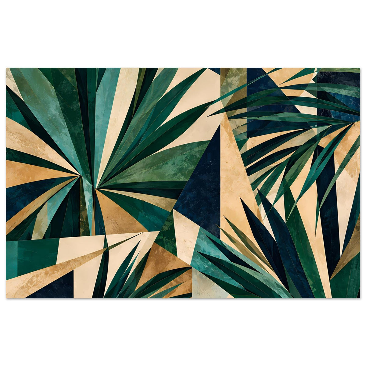 Kunstposter mit geometrischem Tropenblatt-Motiv in Grün und Gold, horizontal