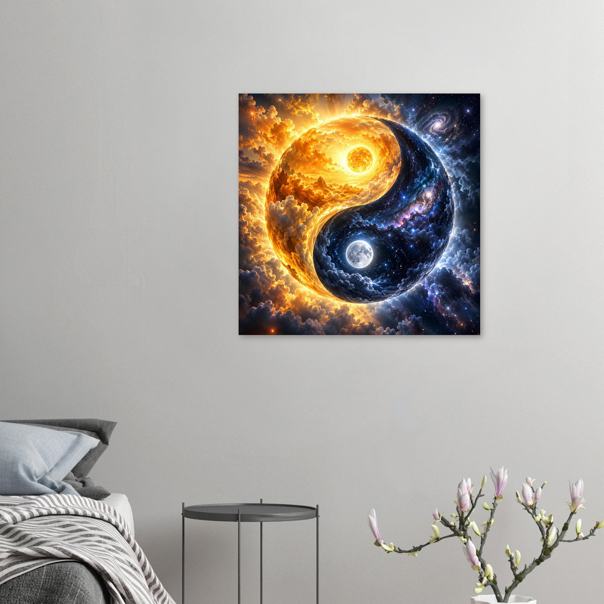 Gerahmter Artprint mit Yin-Yang aus Sonne in Gold und Mond im dunklen Blau