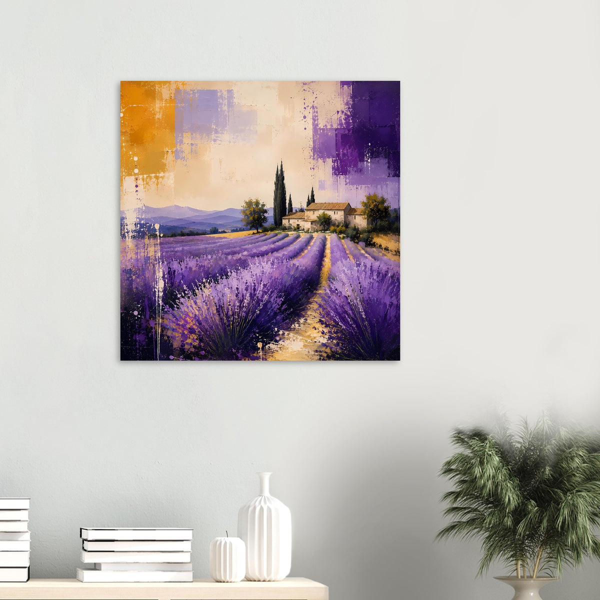 Lavendel-Landschaftsposter, quadratisches Motiv mit Lavendelweg, Bauernhaus und Zypressen