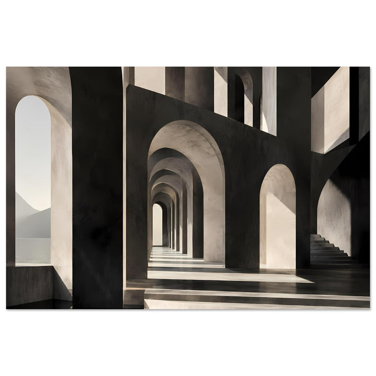 Architekturposter im Querformat mit perspektivischem Korridor, Bögen und gestufter Treppe