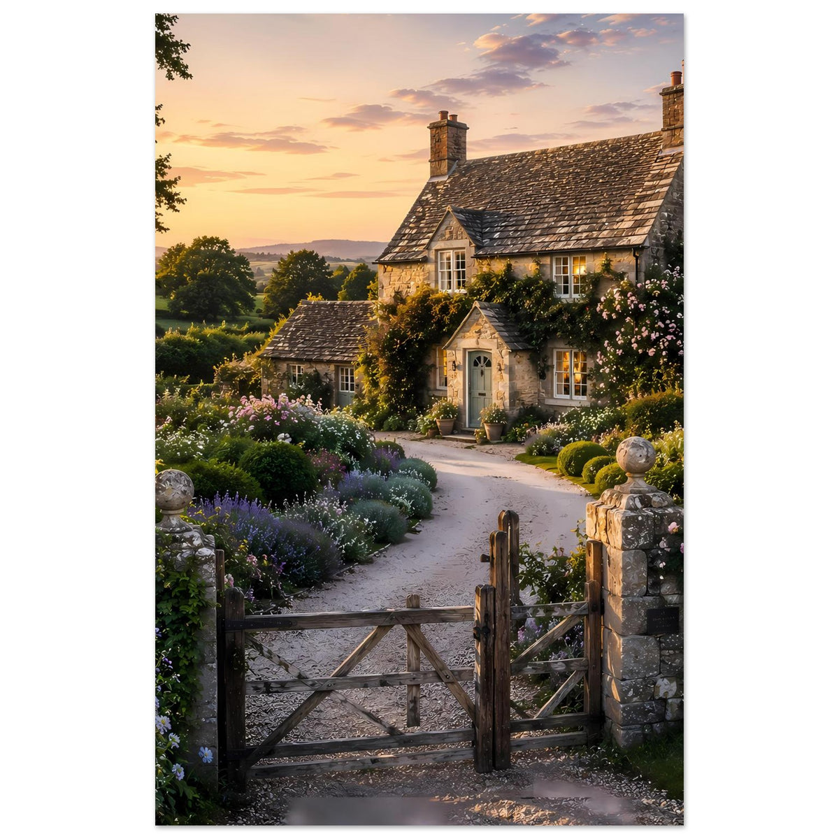 Postermotiv: Cottage mit Kiesweg, blühenden Beeten und Holztor im Vordergrund