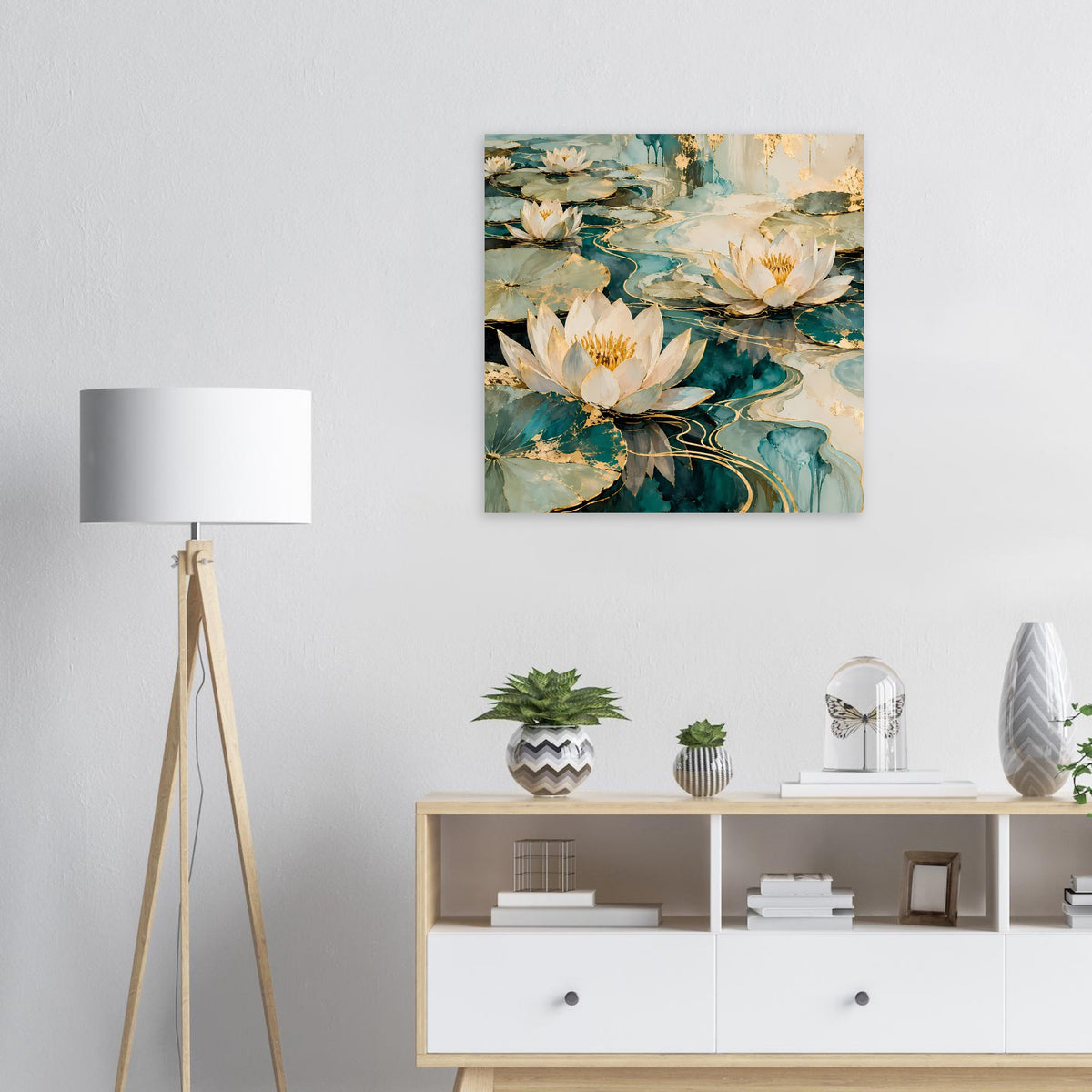 Quadratisches Wandposter mit Lotusblüten in Blau, Türkis und Gold