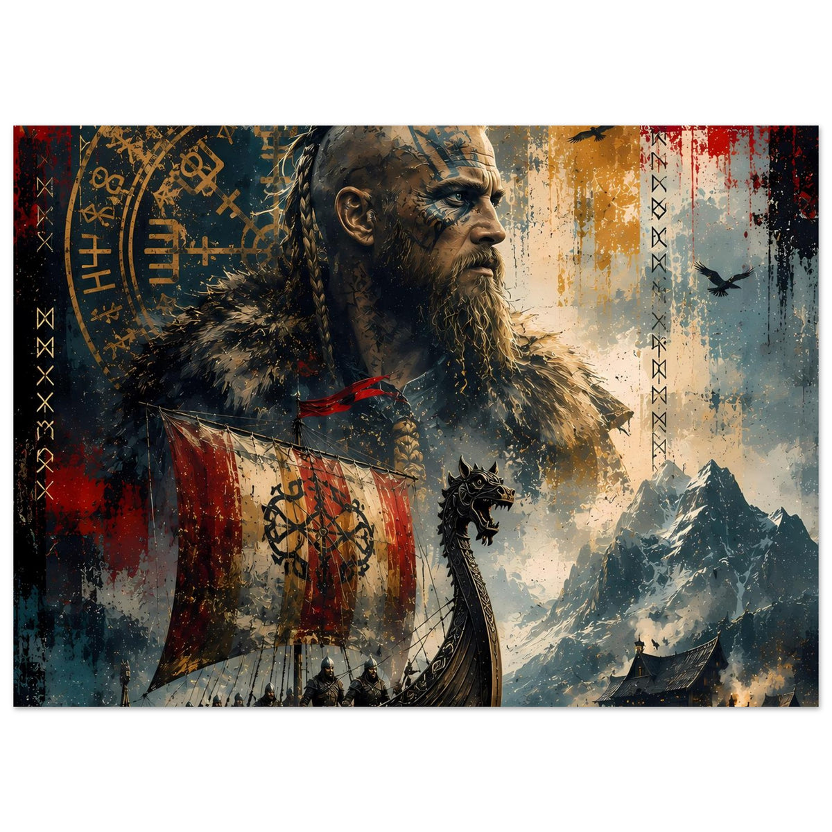 Wikinger-Legendenposter: Bartmann im Profil mit Flagge, Schiffen und Fjordlandschaft