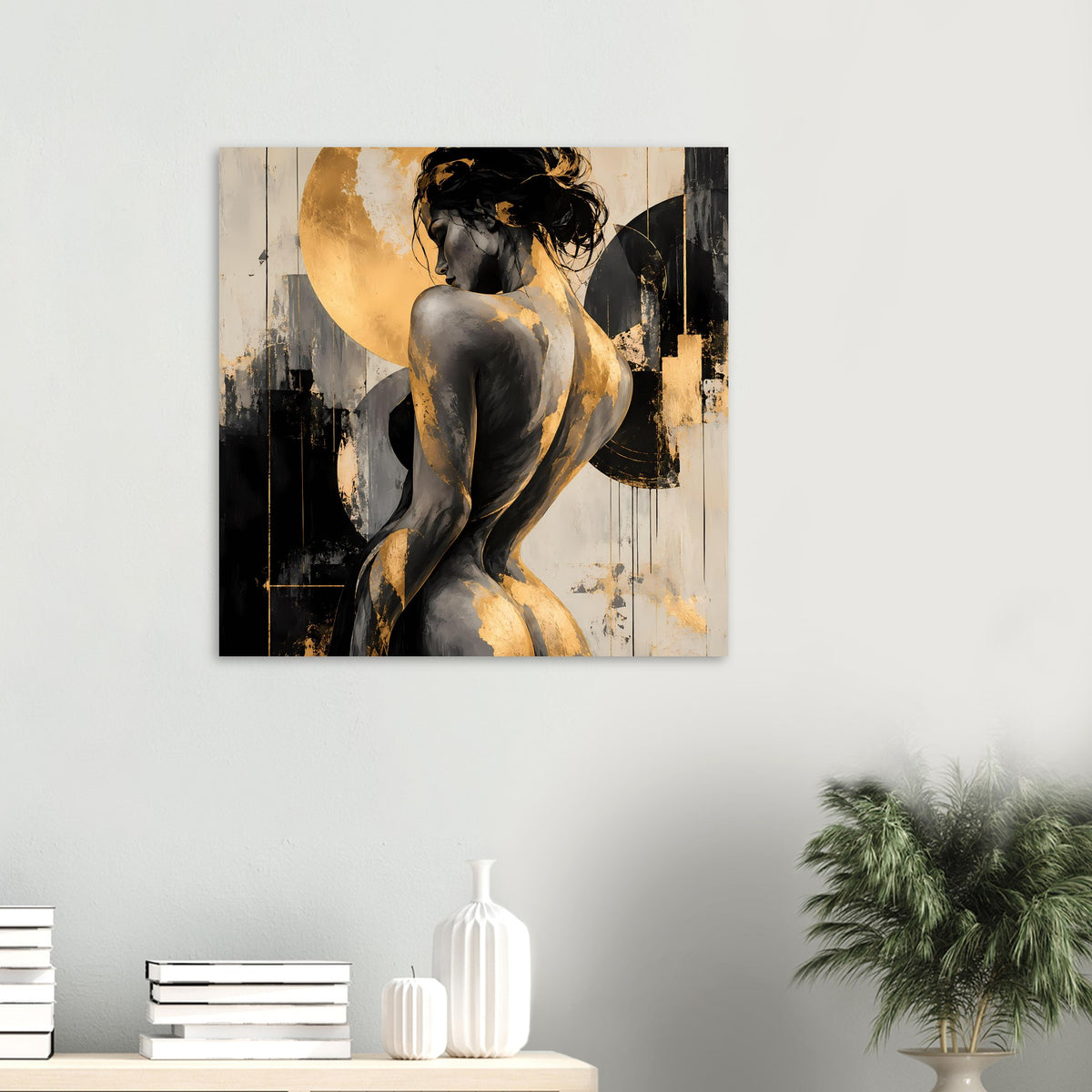 Kleines Wandposter mit Akt-Figur, goldene Akzente, schwarze Linien und Farbflächen