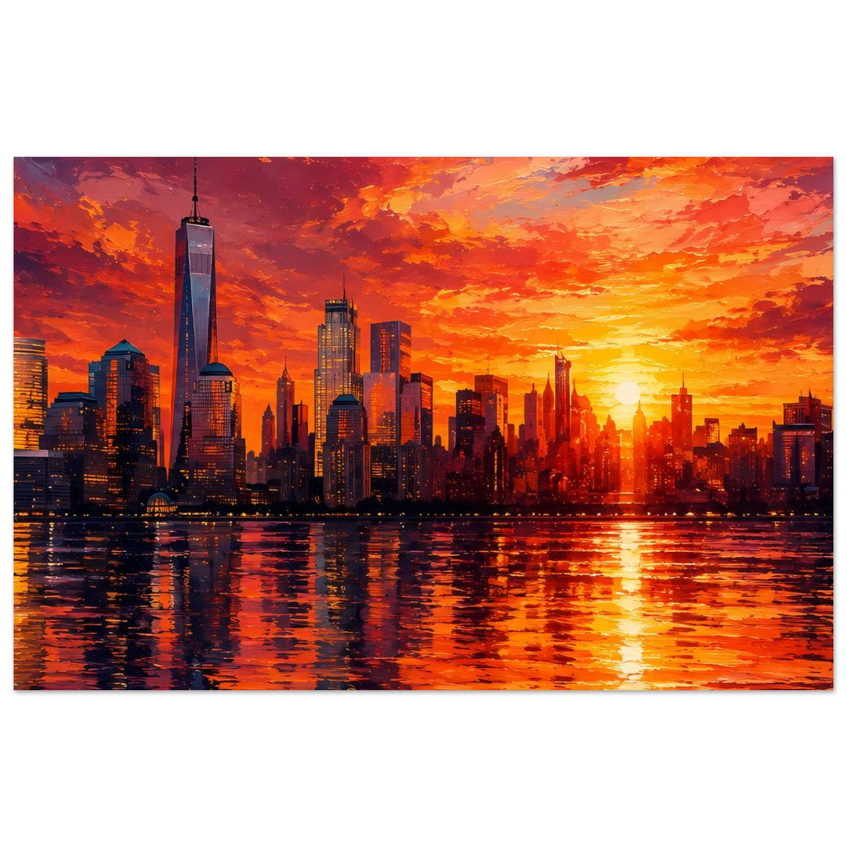 Poster mit New-York-Skyline, One World Trade Center und orangefarbenem Sonnenuntergang