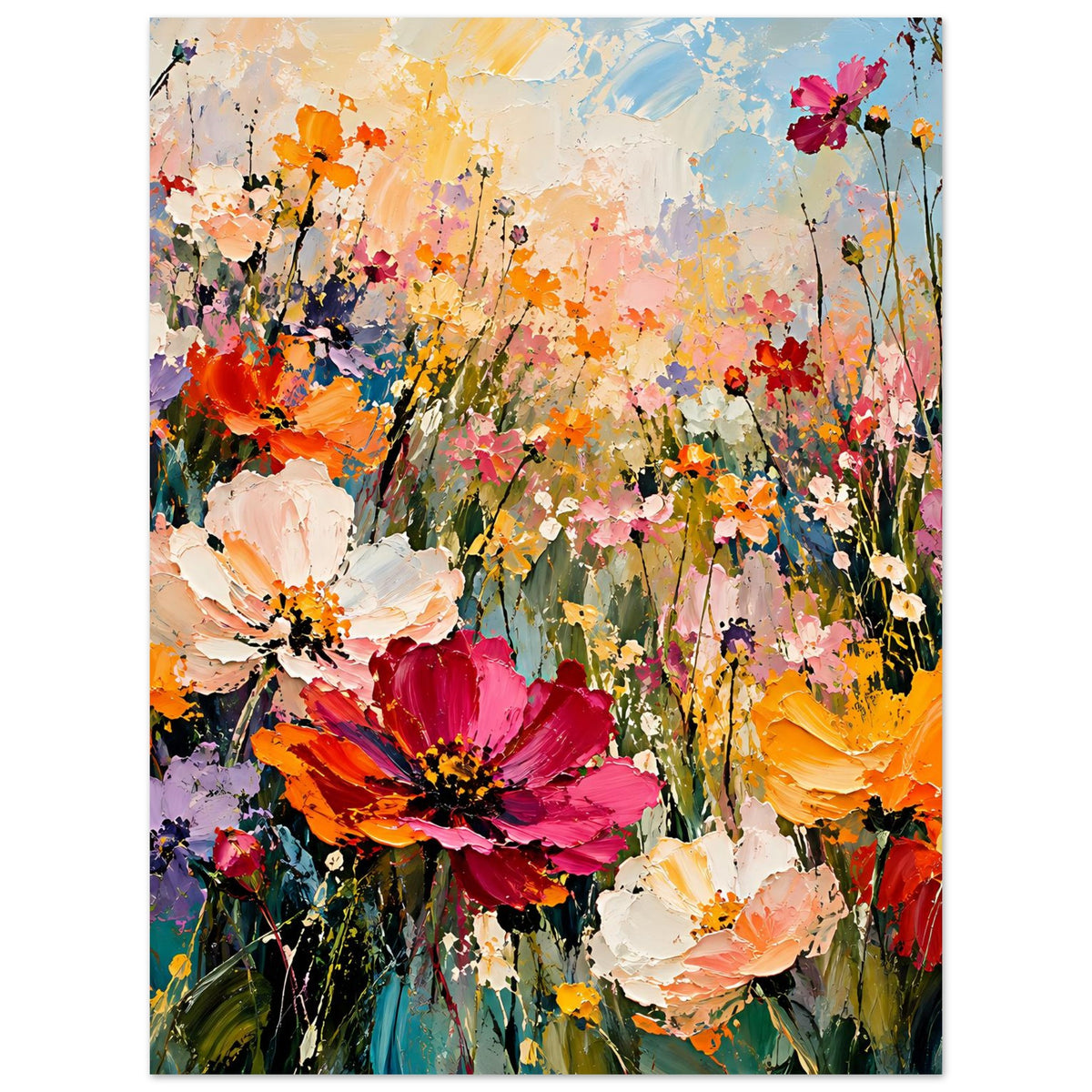 Vertikales Blumenposter mit bunten Blumen in Orange, Rot, Pink und zarten Lilatönen