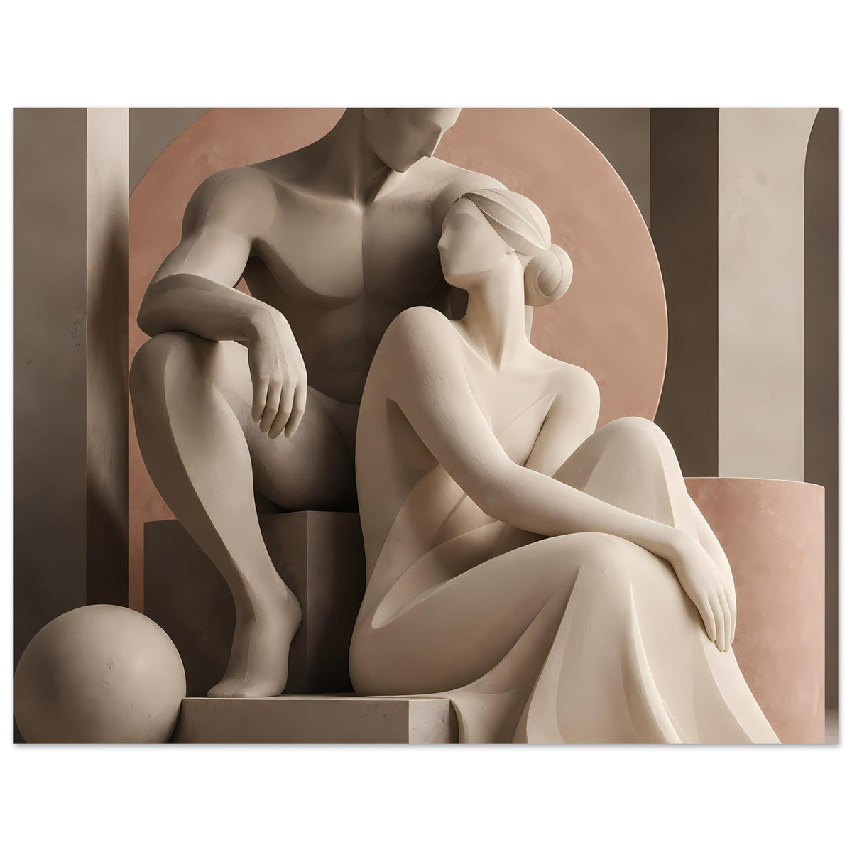Kunstposter, enger beschnitten: Liebespaar-Figuren im Kreis, cremeweiß und dunkelbraune Schatten