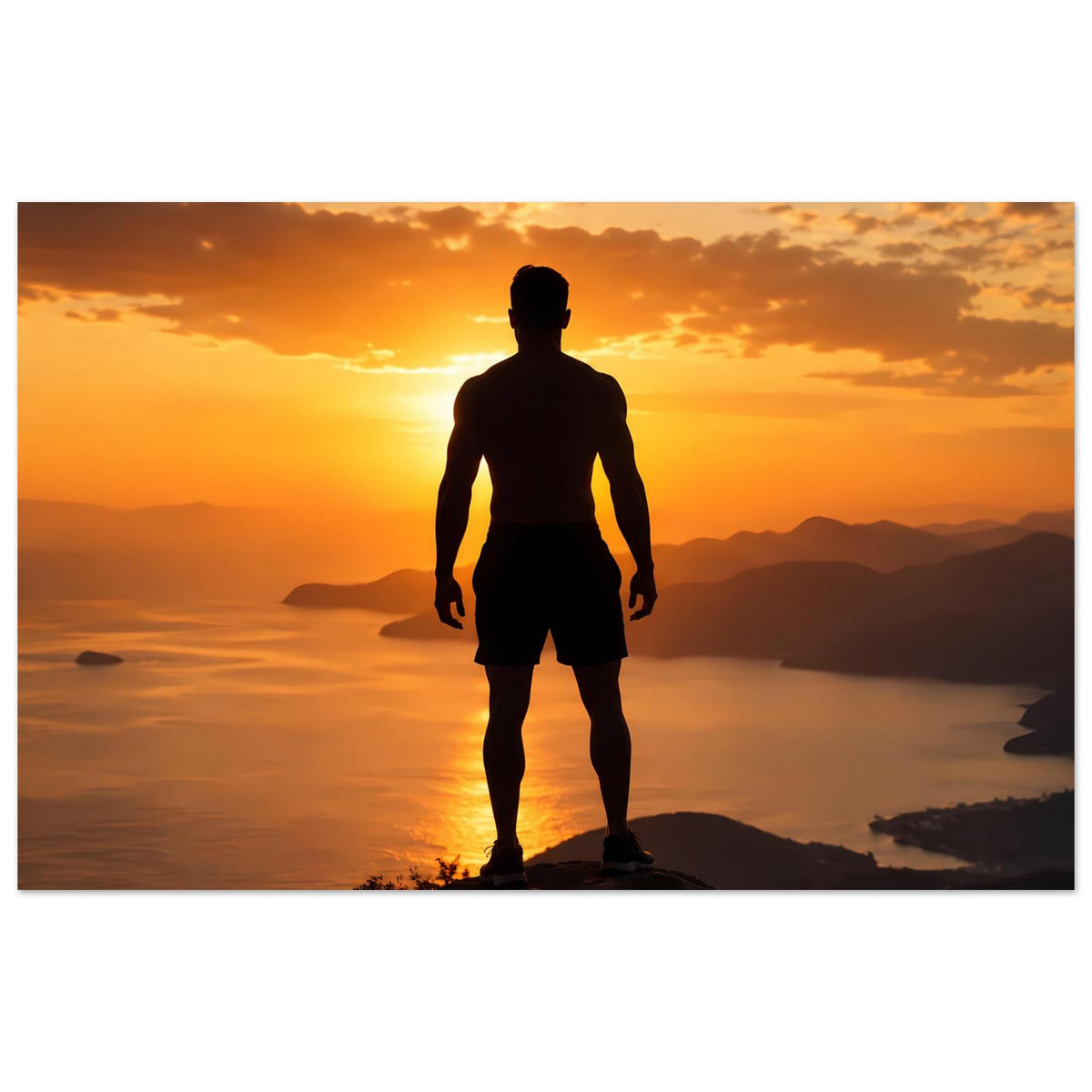 Sonnenuntergangs-Poster, horizontales Bild mit Silhouette eines Mannes auf Felsvorsprung
