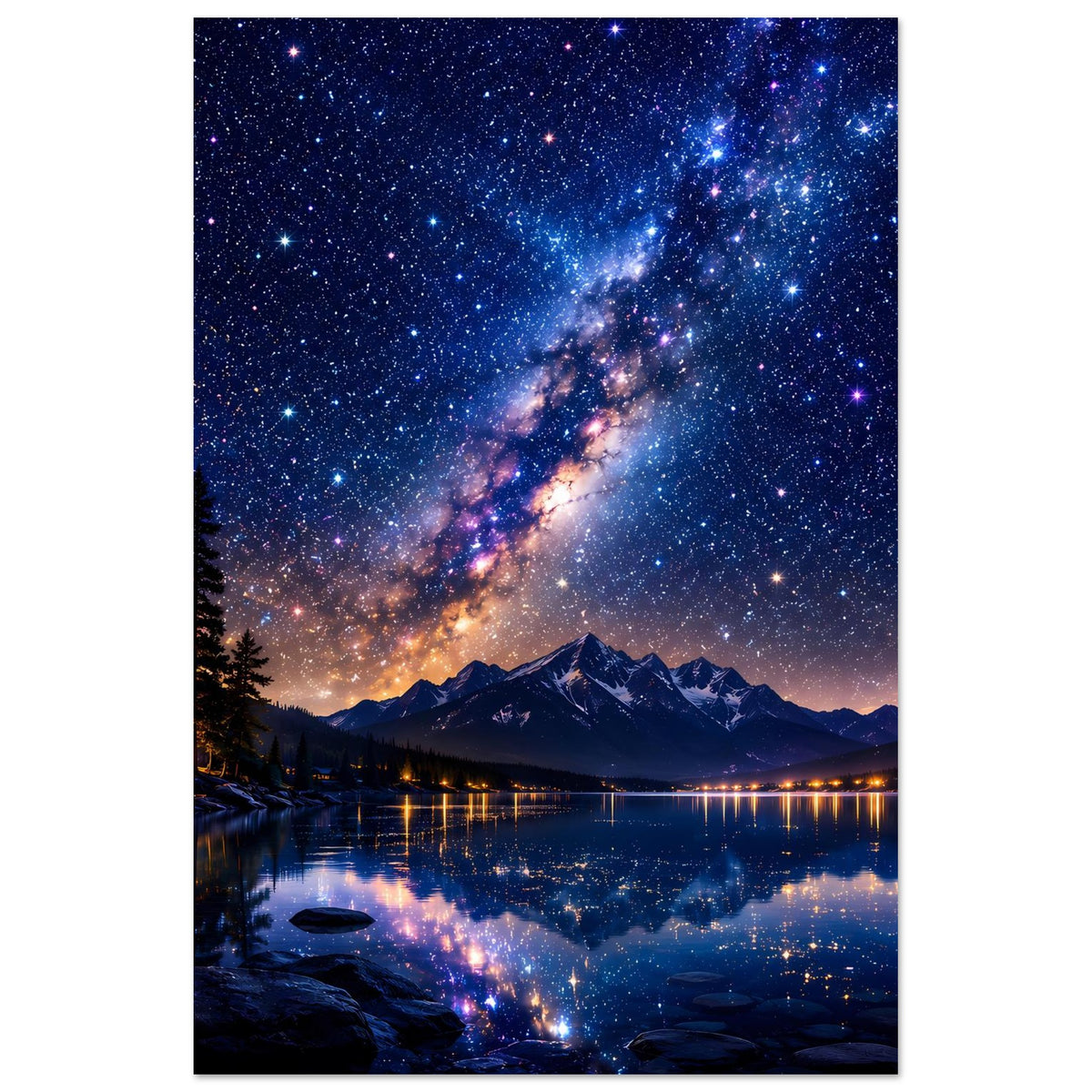 Poster mit Sternenmeer, Milchstraße über Bergsee und Lichtpunkten am Ufer