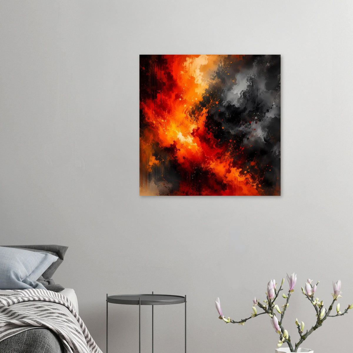 Kleines abstraktes Feuer- und Rauchposter mit Rot, Orange und grauen Rauchwolken