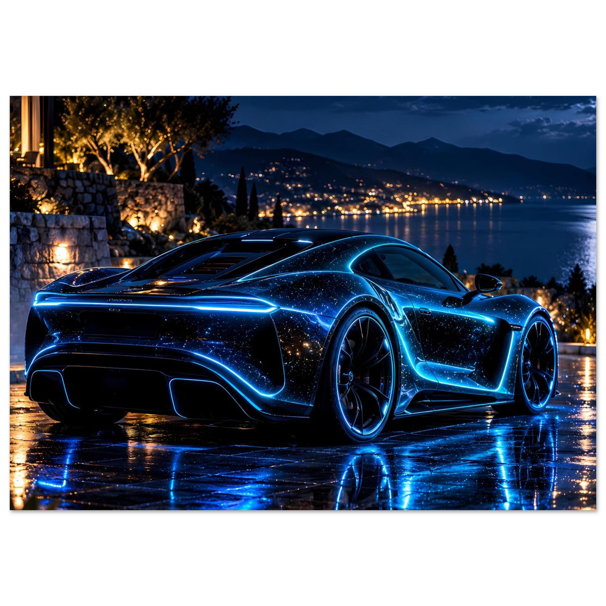 Poster, horizontal: blauer Sportwagen mit blauen Lichtkanten und Reflexion auf Wasser