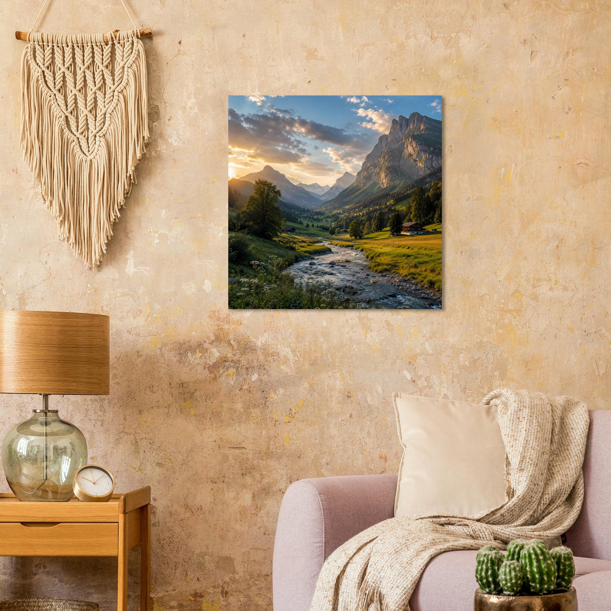Quadratisches Poster mit Alpenblick: Sonnenuntergang über Bergen, Tal und Bachlauf.
