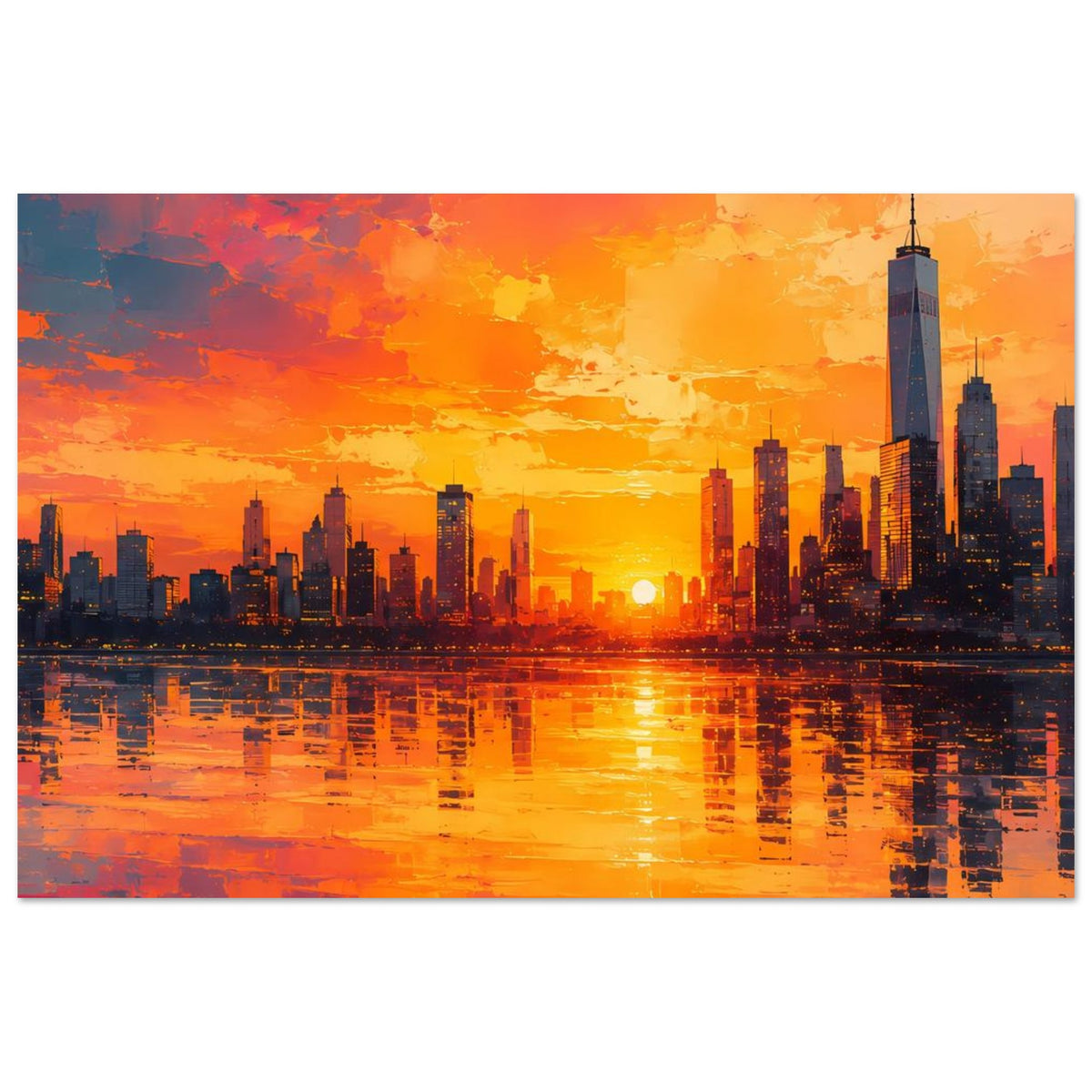Rechteckiges Poster mit Großstadt-Skyline im Sonnenuntergang und leuchtender Wasserspiegelung