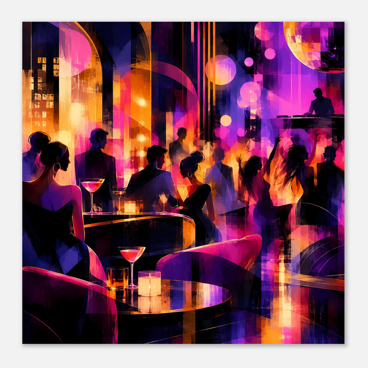 Hochformat-Poster: Silhouetten im Nachtclub, runde Tische, Drinks, kräftige Farbverläufe