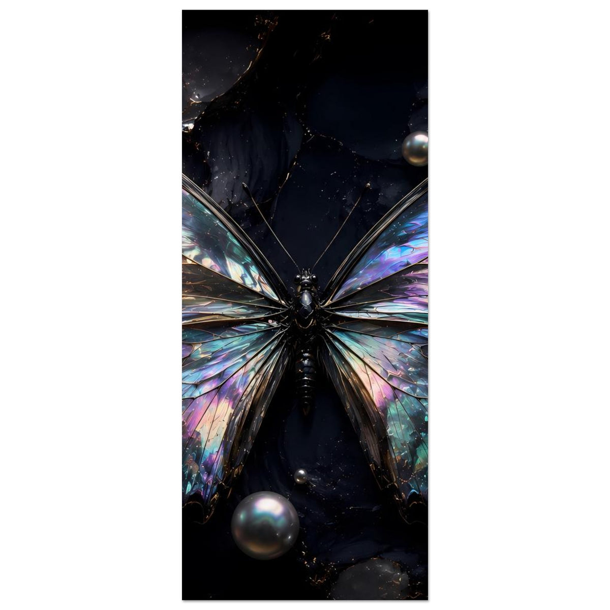 Hochformat-Poster mit schillerndem Schmetterling, dunkles Fantasy-Motiv mit Kugeln