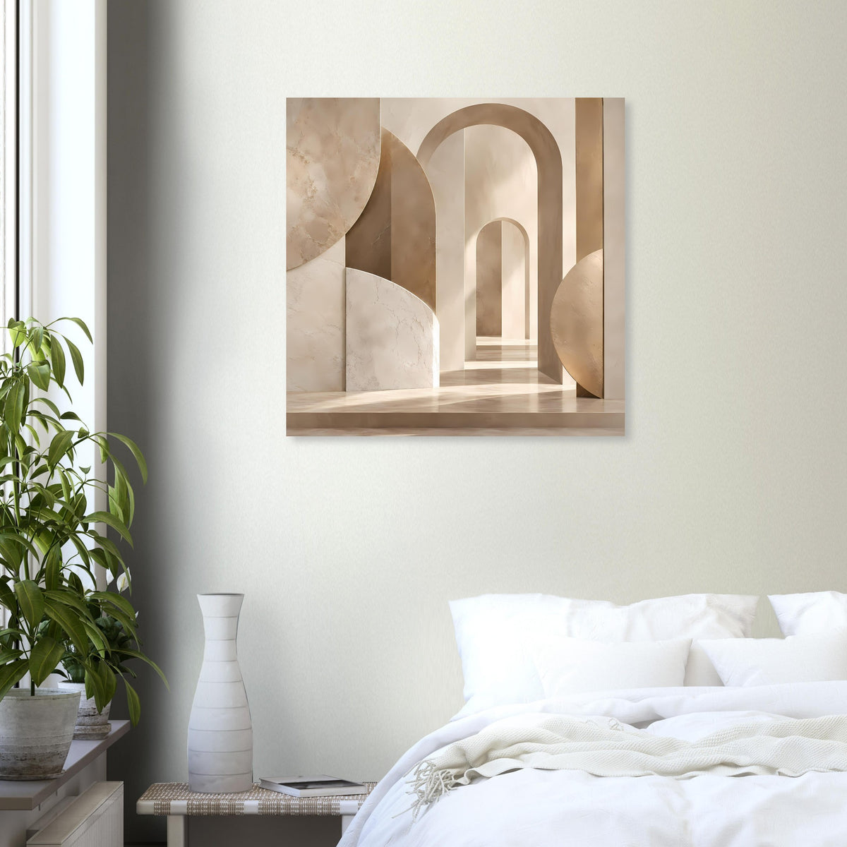 Quadratisches Kunstposter mit abstrakten Bogen-Galerien in Beige, Marmoroptik.