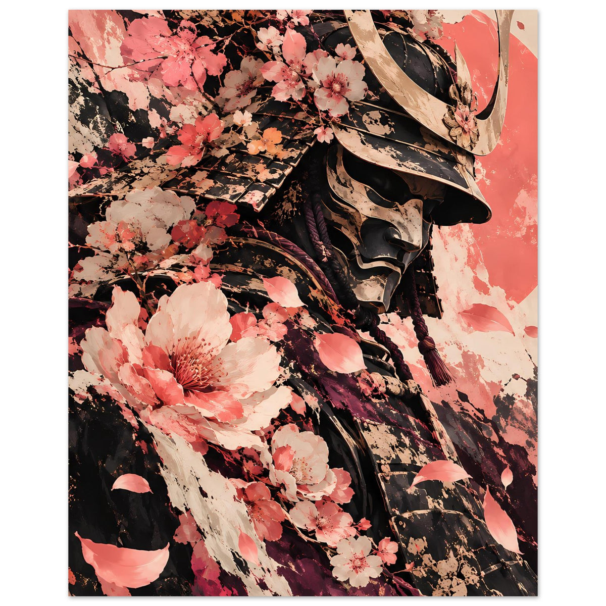 Poster mit Samuraihelm im Detail und Kirschblüten, kräftige rosa und dunkle Akzente
